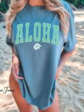 Aloha Graphic Tee in Slate Blue with LLetters